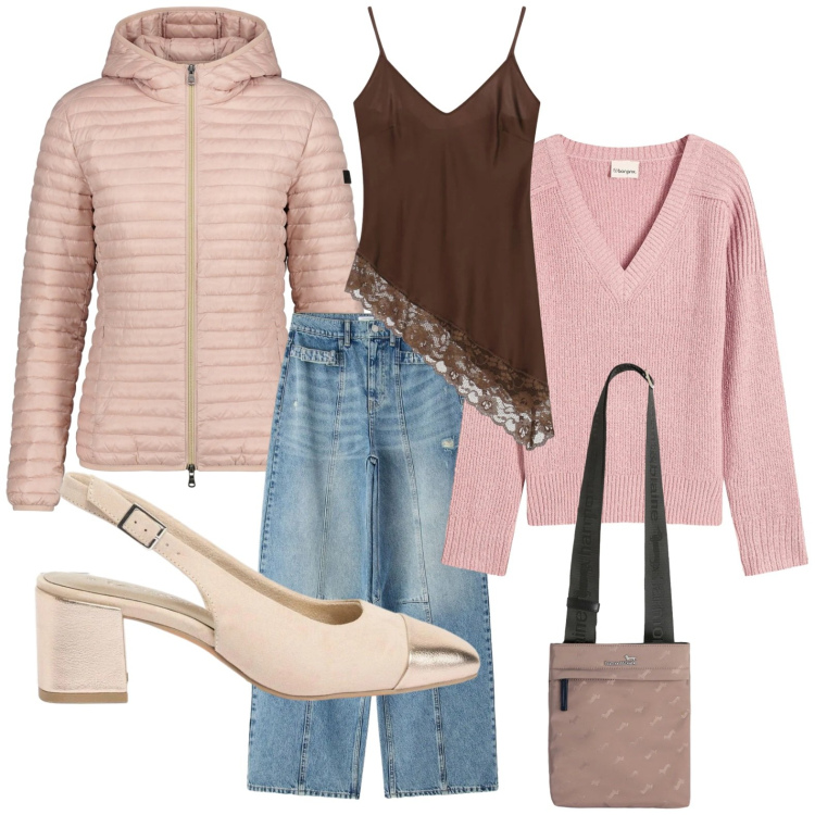 Outfit donna - Aprile che mi metto?. Stile Minimal per Tutti i giorni. Abbinamento con maglieria, décolleté, jeans, top, borse a tracolla, piumini.