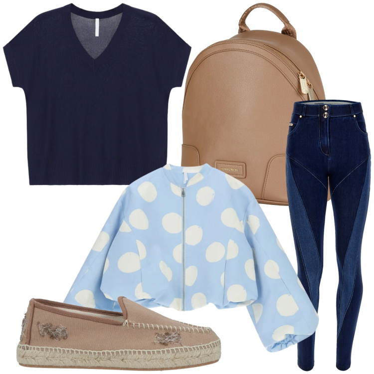 Outfit donna - Bomber a pois. Stile Casual per Tutti i giorni. Abbinamento con espadrillas, zaini, bomber, t-shirt, jeans skinny.