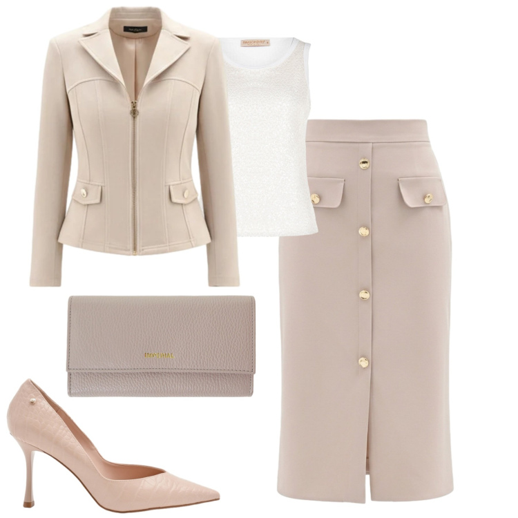 Outfit donna - Eleganza urbana. Stile Urban per Tutti i giorni. Abbinamento con portafogli, gonne longuette, blazer, canottiere, décolleté.