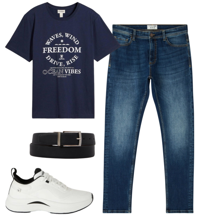Outfit uomo - Total look #2385011. Stile Casual per Tutti i giorni. Abbinamento con t-shirt, jeans skinny, sneakers, cinture.