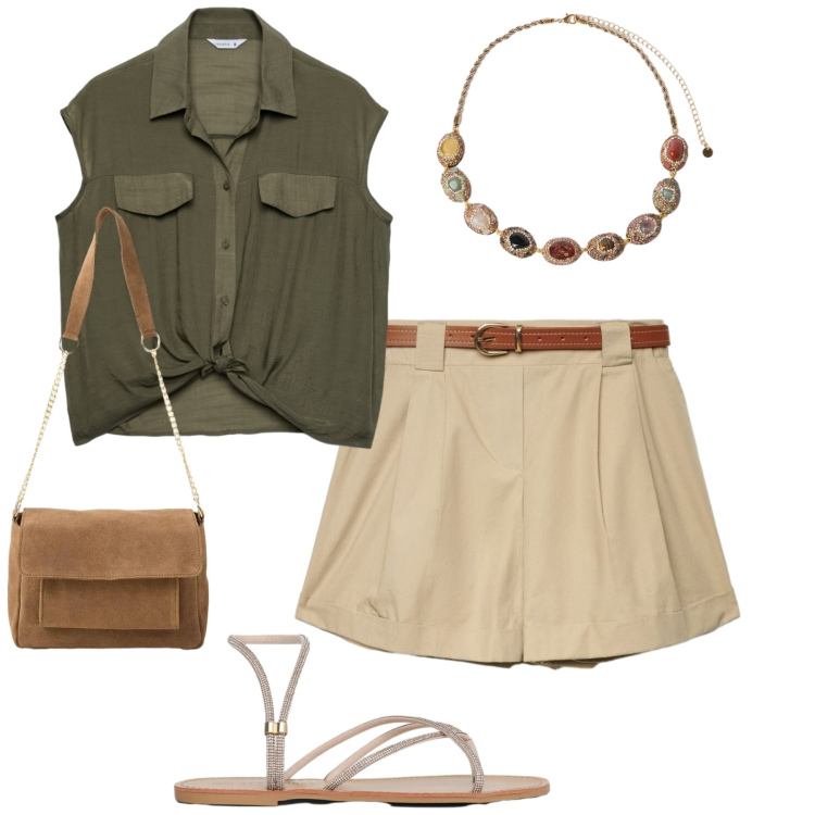 Outfit donna - Summertime. Stile Casual chic per Tutti i giorni. Abbinamento con borse a tracolla, camicie a manica corta, shorts, sandali, collane.