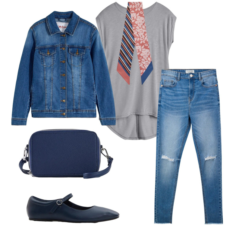 Outfit donna - Total look #2385020. Stile Chic per Tutti i giorni. Abbinamento con maglieria, blazer, ballerine, borse a tracolla, jeans strappati, foulard.