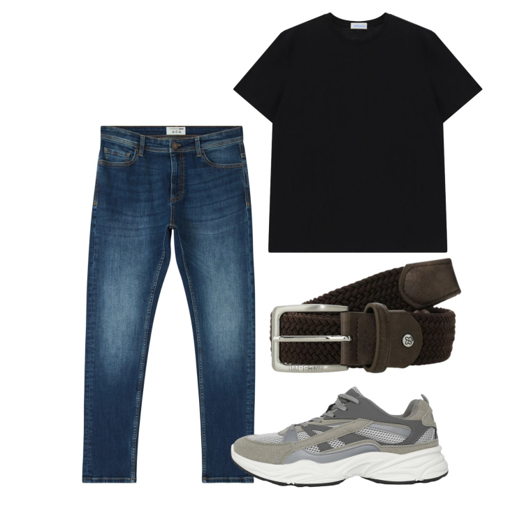 Outfit uomo - Aprile. Stile Casual per Tutti i giorni. Abbinamento con jeans skinny, sneakers, t-shirt, cinture.