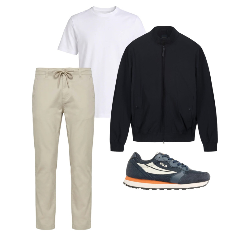 Outfit uomo - Aprile. Stile Casual per Tutti i giorni. Abbinamento con sneakers, t-shirt, pantaloni, bomber.