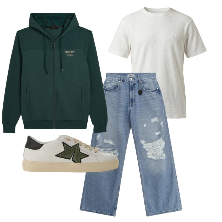 Outfit uomo - Aprile. Stile Casual per Tutti i giorni. Abbinamento con jeans strappati, sneakers, t-shirt, felpe con cappuccio.