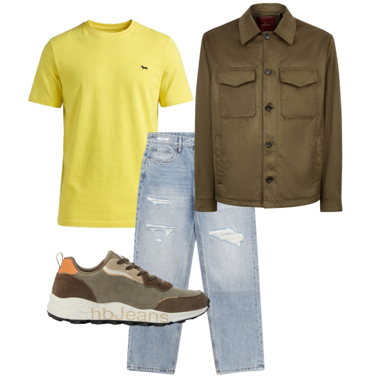 Outfit uomo - Aprile. Stile Trendy per Tutti i giorni. Abbinamento con jeans strappati, t-shirt, sneakers, giacche.