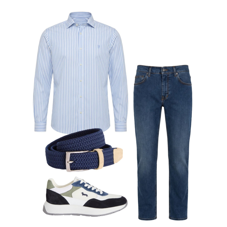 Outfit uomo - Aprile. Stile Casual per Ufficio. Abbinamento con jeans, cinture, sneakers, camicie.