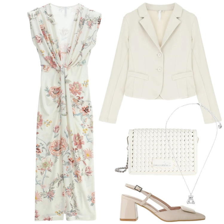 Outfit donna - Un abito per aprile - Focus Donna Curvy. Stile Chic per Cerimonia. Abbinamento con vestiti lunghi, blazer, décolleté, borse a tracolla, ciondoli.