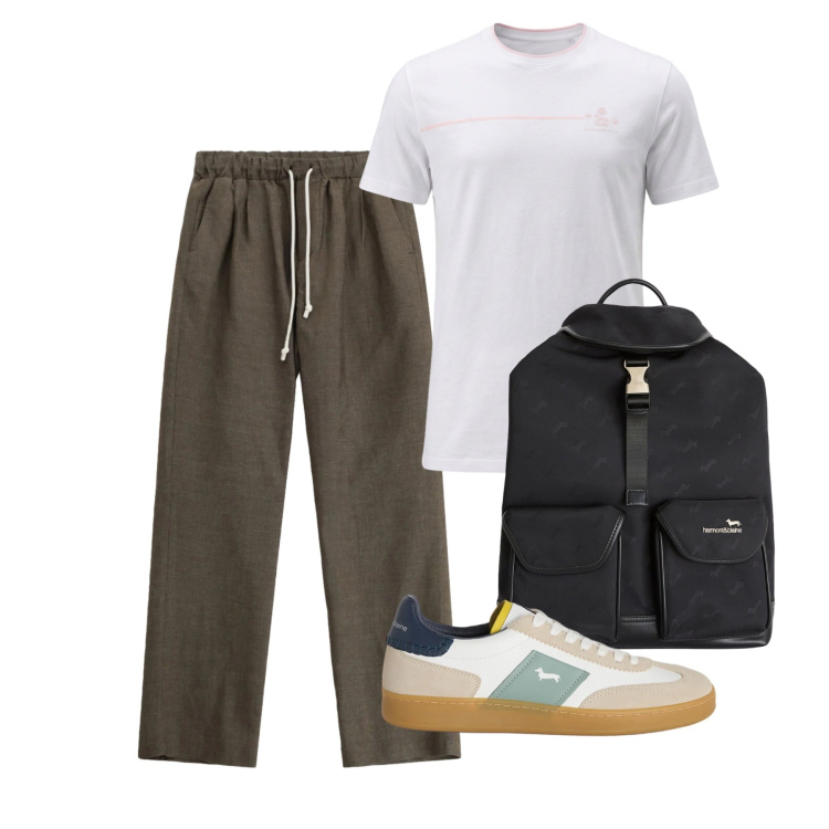 Outfit uomo - Aprile. Stile Casual per Sport. Abbinamento con pantaloni, borse sportive, t-shirt, sneakers.