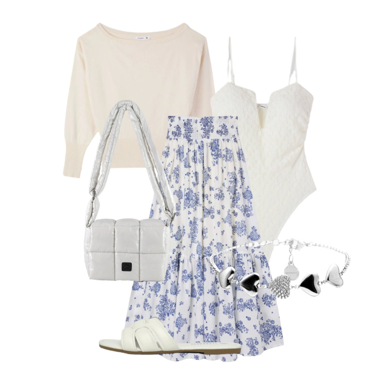 Outfit donna - Acqua Marina. Stile Casual per Tutti i giorni. Abbinamento con gonne lunghe, body, pullovers, ciabatte, braccialetti, borse a spalla.