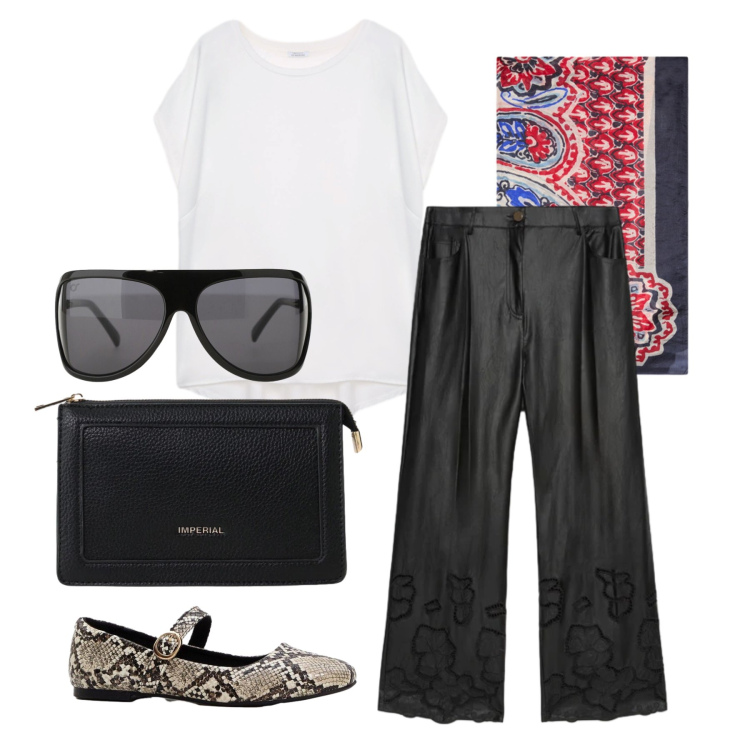 Outfit donna - Aprile. Stile Casual chic per Tutti i giorni. Abbinamento con ballerine, occhiali da sole, borse a tracolla, pantaloni, bluse, foulard.