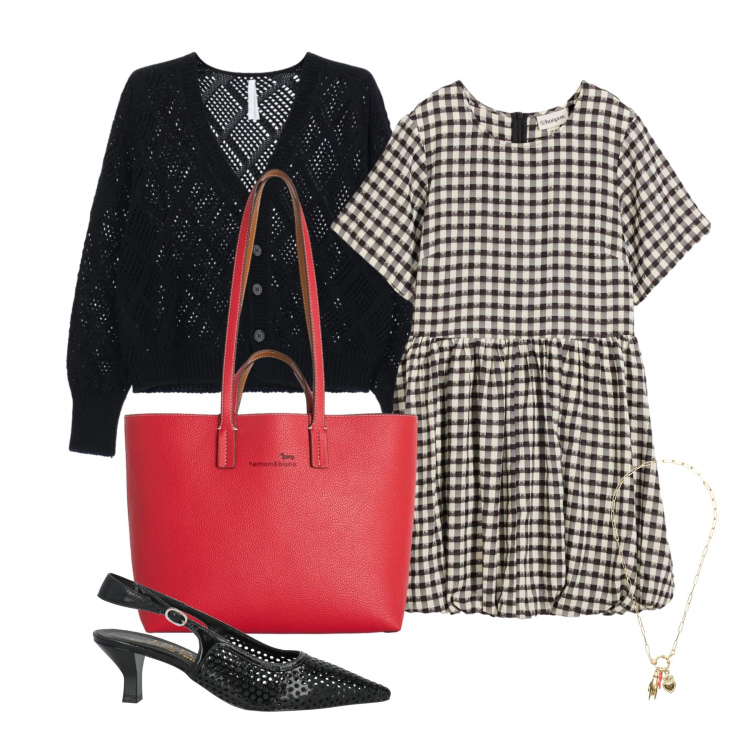 Outfit donna - Aprile. Stile Bon Ton per Tutti i giorni. Abbinamento con décolleté, vestiti corti, cardigans, shopping bag, ciondoli.