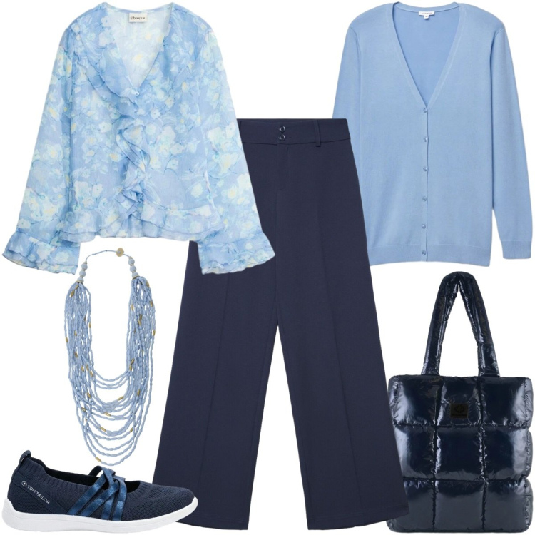Outfit donna - Eleganza leggera - Focus Donna Curvy. Stile Casual chic per Ufficio. Abbinamento con bluse, sneakers, cardigans, pantaloni, collane, shopping bag.