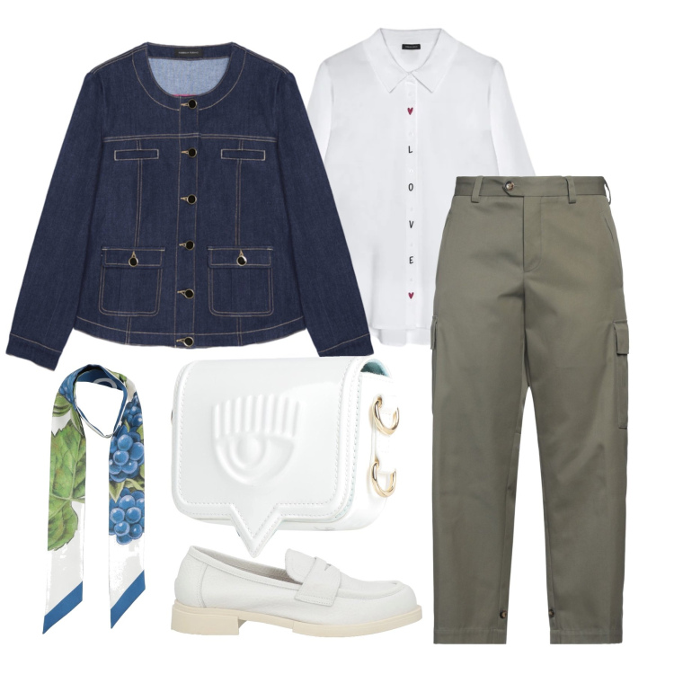 Outfit donna - Aprile. Stile Casual chic per Tutti i giorni. Abbinamento con sciarpe, marsupi, pantaloni cargo, mocassini, camicie, blazer.