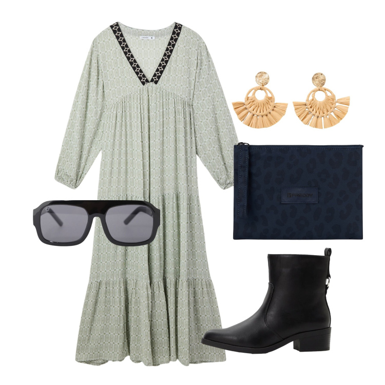 Outfit donna - Aprile. Stile Bon Ton per Tutti i giorni. Abbinamento con stivaletti, orecchini, vestiti lunghi, occhiali da sole, clutch.