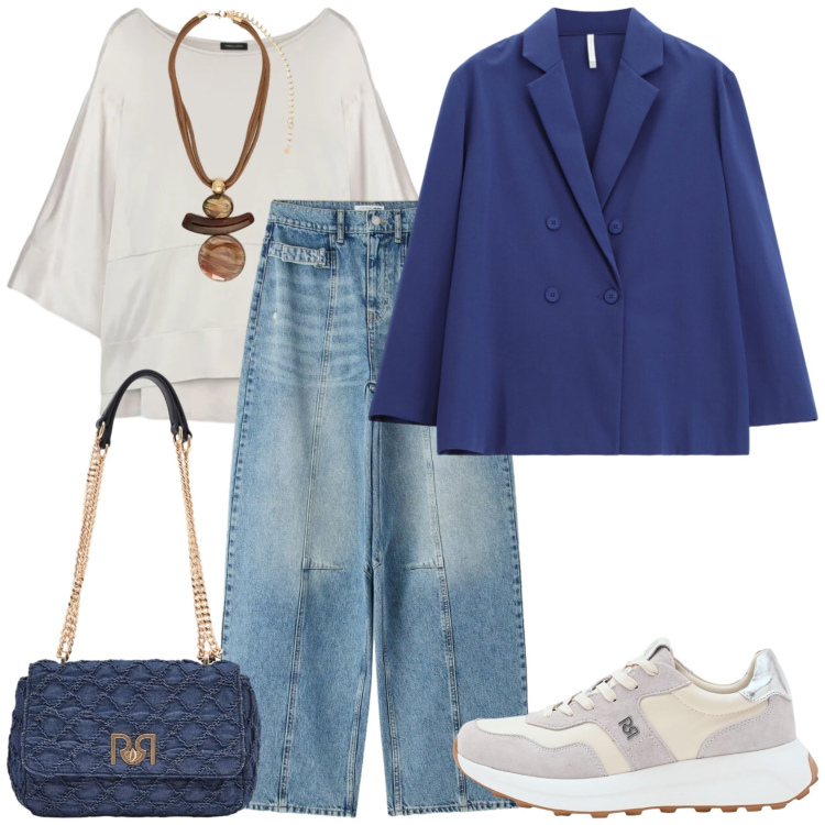 Outfit donna - Aprile con leggerezza. Stile Casual per Tutti i giorni. Abbinamento con jeans, bluse, ciondoli, blazer, borse a spalla, sneakers.