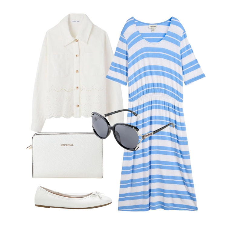 Outfit donna - Aprile. Stile Trendy per Tutti i giorni. Abbinamento con vestiti, ballerine, occhiali da sole, borse a tracolla, cappotti.