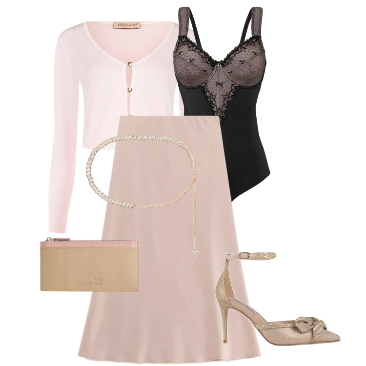 Outfit donna - Total look #2385056. Stile Casual chic per Cerimonia. Abbinamento con décolleté, body, portafogli, gonne longuette, cardigans, cinture.