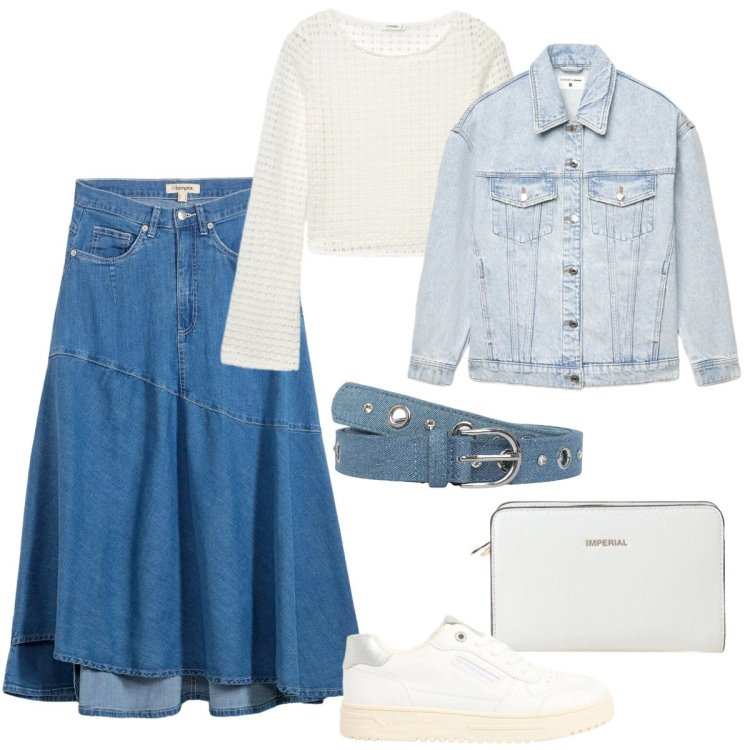 Outfit donna - La gonna midi in denim - curvy style. Stile Casual chic per Tutti i giorni. Abbinamento con gonne longuette, sneakers, maglieria, cinture, cappotti, borse a tracolla.
