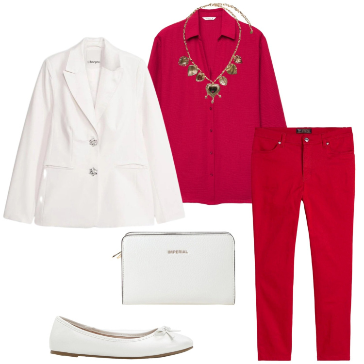 Outfit donna - City. Stile Casual chic per Tutti i giorni. Abbinamento con ballerine, pantaloni, blazer, camicie, borse a tracolla, collane.