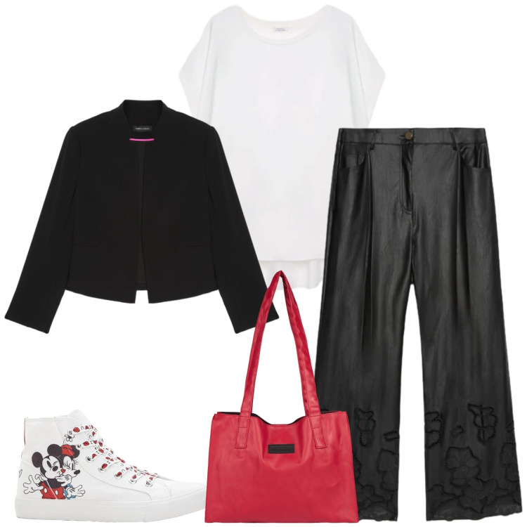 Outfit donna - Total look #2385060. Stile Casual per Tutti i giorni. Abbinamento con sneakers alte, pantaloni, blazer, bluse, shopping bag.