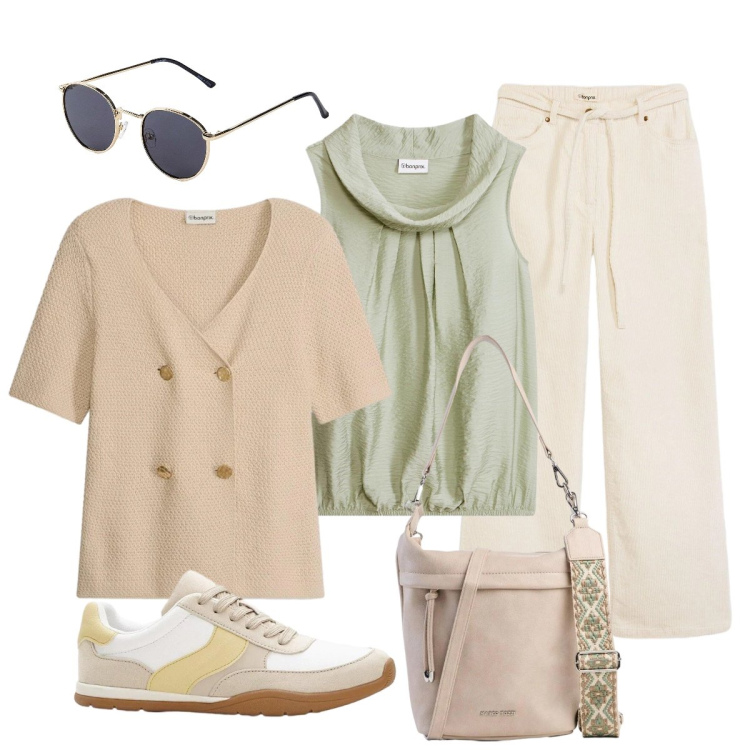 Outfit donna - In città. Stile Minimal per Tutti i giorni. Abbinamento con top, pantaloni, sneakers, cardigans, occhiali da sole, borse a tracolla.
