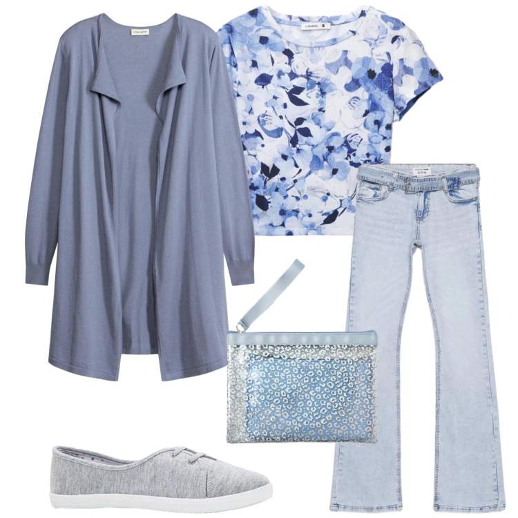 Outfit donna - Total look #2385065. Stile Casual per Tutti i giorni. Abbinamento con ballerine, cardigans, jeans a zampa, pochette, t-shirt.