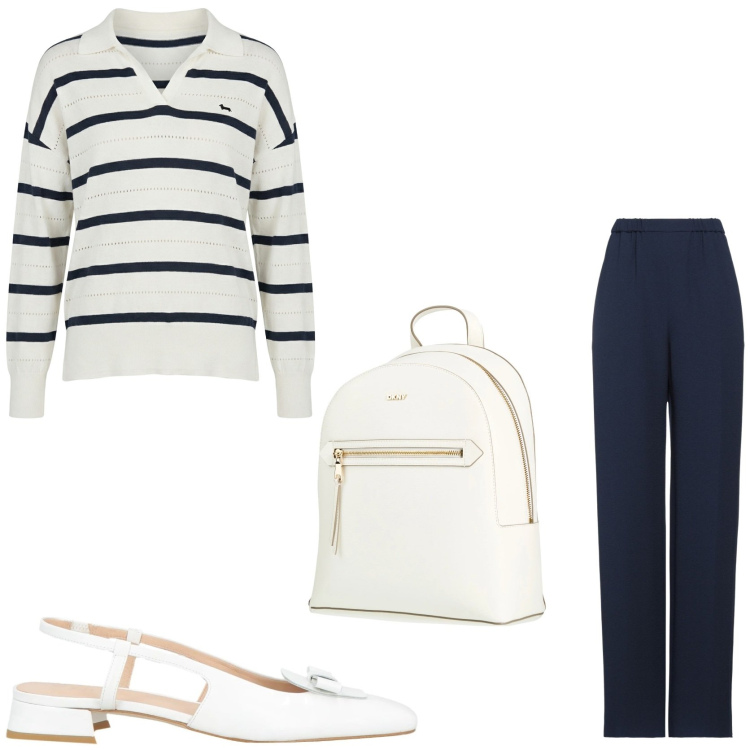 Outfit donna - Semplice ed elegante. Stile Chic per Tutti i giorni. Abbinamento con pantaloni, zaini, ballerine, maglieria.