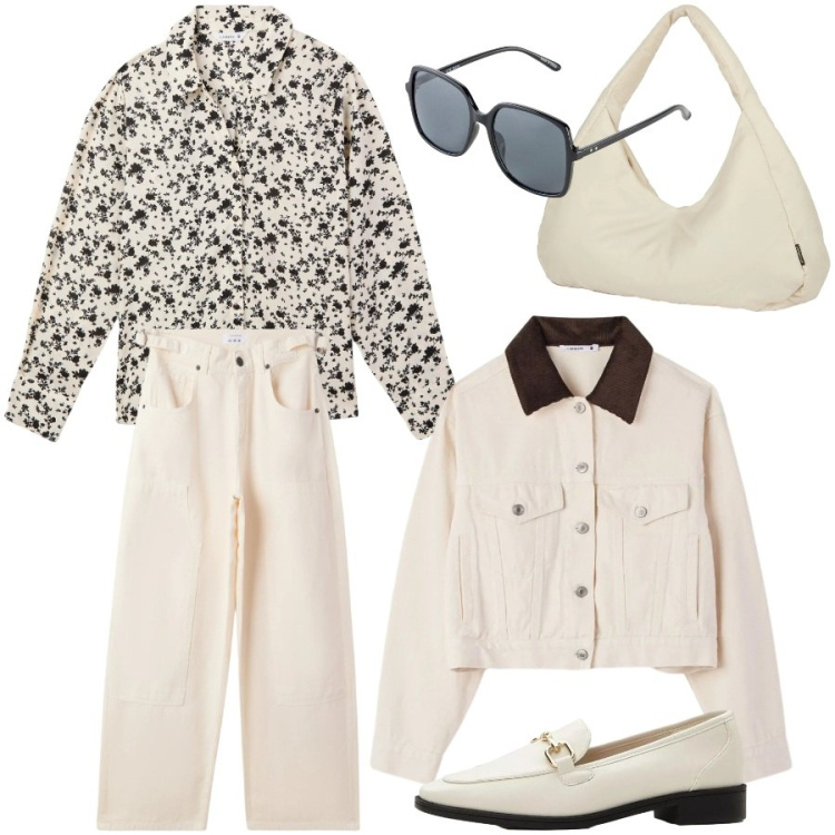 Outfit donna - Tempo libero. Stile Casual per Tutti i giorni. Abbinamento con mocassini, occhiali da sole, borse a spalla, pantaloni, camicie, cappotti.