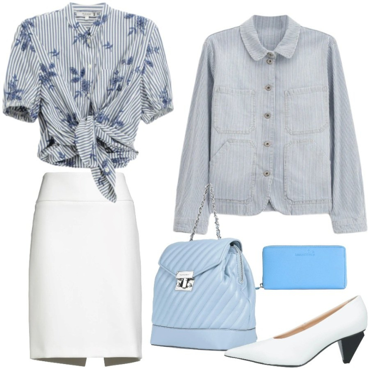 Outfit donna - Color glicine di giorno. Stile Casual chic per Ufficio. Abbinamento con décolleté, minigonne, zaini, blazer, camicie a manica corta, portafogli.