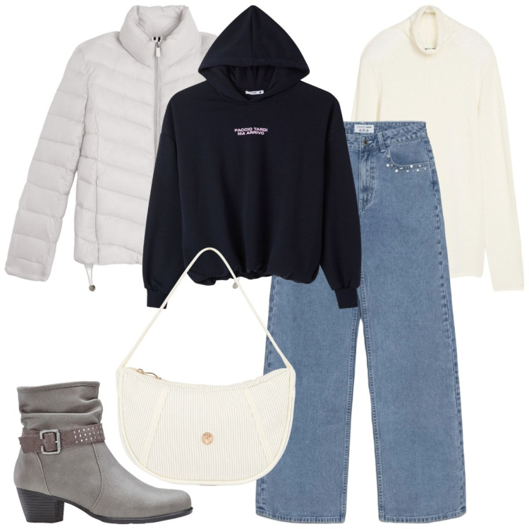 Outfit donna - Aprile che mi metto?. Stile Casual chic per Tutti i giorni. Abbinamento con stivaletti, maglieria, jeans, felpe con cappuccio, piumini, borse a mano.