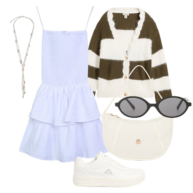 Outfit donna - Aprile. Stile Romantica per Tutti i giorni. Abbinamento con cardigans, sneakers, vestiti corti, collane, occhiali da sole, borse a mano.