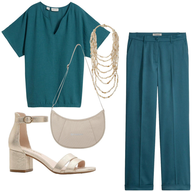 Outfit donna - Total look #2385084. Stile Basic per Ufficio. Abbinamento con pantaloni, bluse, sandali col tacco, collane, borse a spalla.