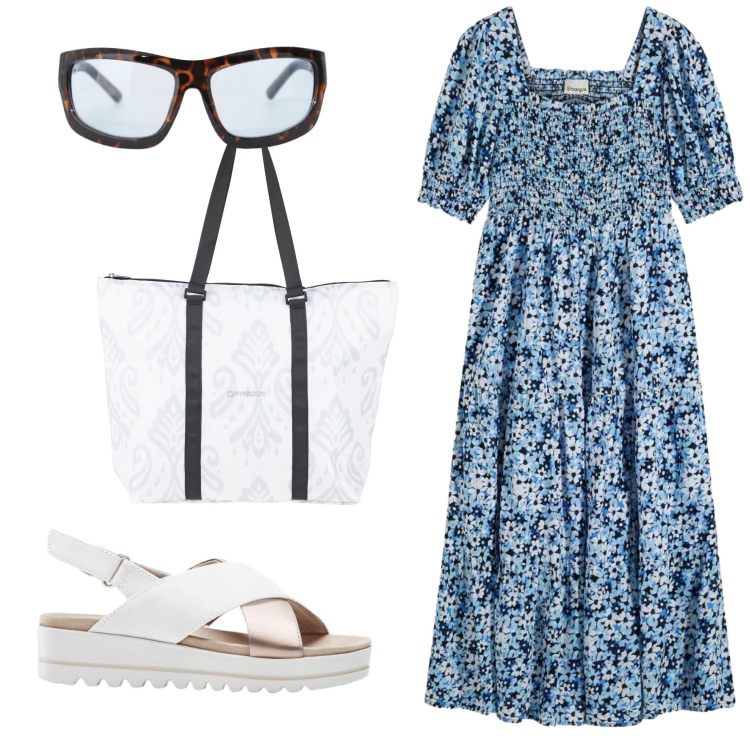 Outfit donna - Total look #2385089. Stile Romantica per Tutti i giorni. Abbinamento con vestiti midi/longuette, sandali, occhiali da sole, shopping bag.