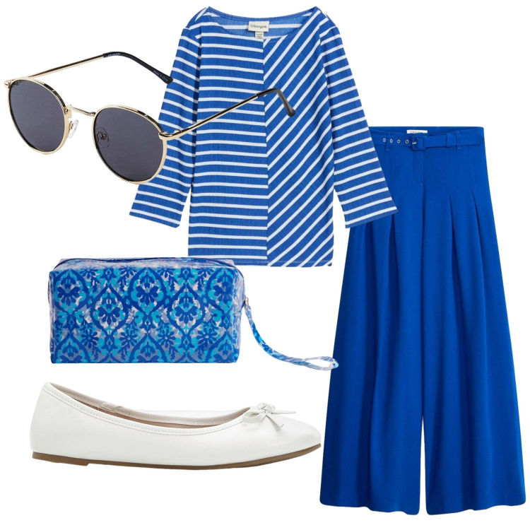 Outfit donna - Total look #2385092. Stile Basic per Ufficio. Abbinamento con ballerine, occhiali da sole, t-shirt, pantaloni, valigie.