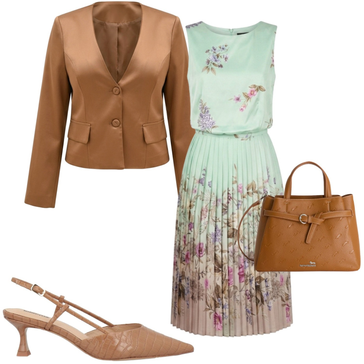 Outfit donna - Abito x aprile. Stile Chic per Tutti i giorni. Abbinamento con décolleté, blazer, vestiti midi/longuette, borse a mano.