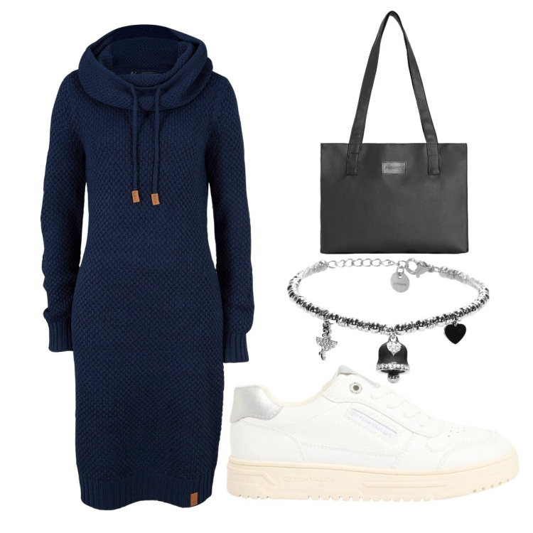 Outfit donna - Abito in maglia. Stile Minimal per Tutti i giorni. Abbinamento con vestiti, sneakers, shopping bag, braccialetti.