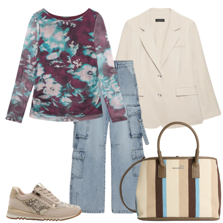 Outfit donna - Total look #2385106. Stile Casual chic per Tutti i giorni. Abbinamento con sneakers, jeans, t-shirt, blazer, shopping bag.