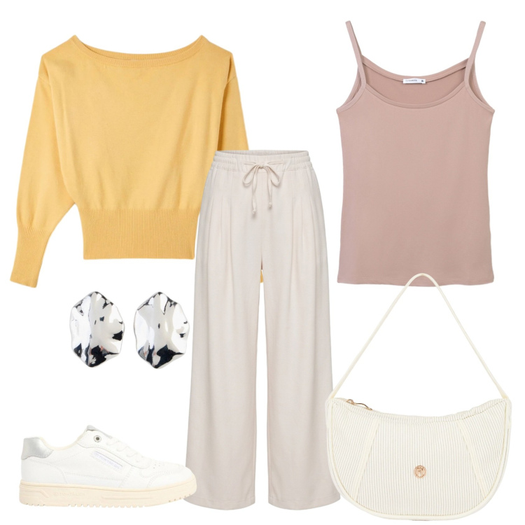Outfit donna - Total look #2385107. Stile Casual chic per Tutti i giorni. Abbinamento con orecchini, sneakers, pantaloni, pullovers, canottiere, borse a mano.