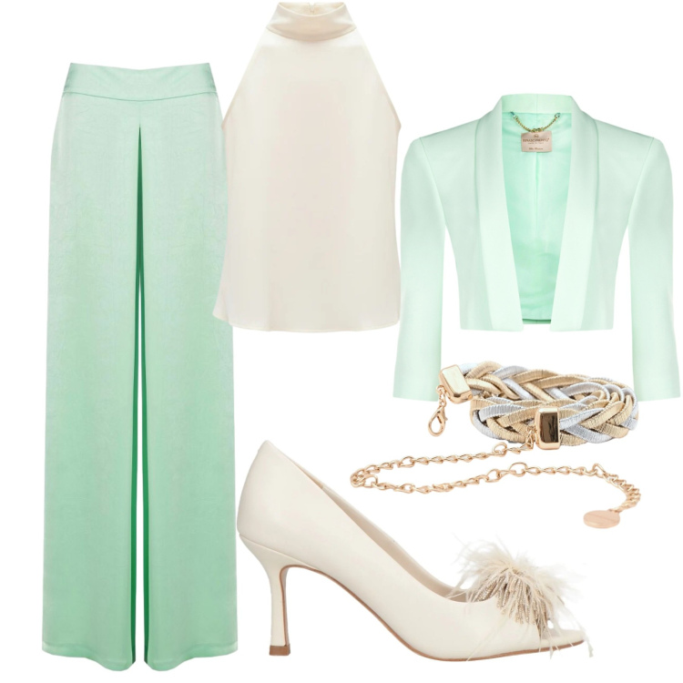 Outfit donna - La décolleté cristalli e piume. Stile Chic per Cerimonia. Abbinamento con décolleté, cinture, canottiere, bolero, pantaloni a palazzo.