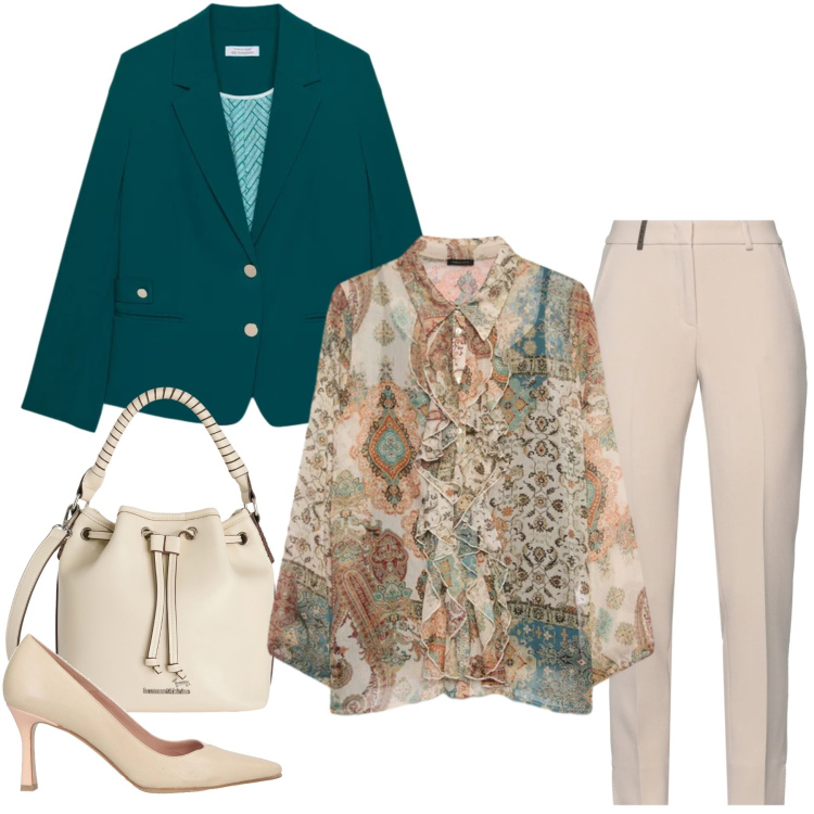 Outfit donna - Business con Brio. Stile Casual chic per Ufficio. Abbinamento con pantaloni, décolleté, camicie, blazer, borse a secchiello.
