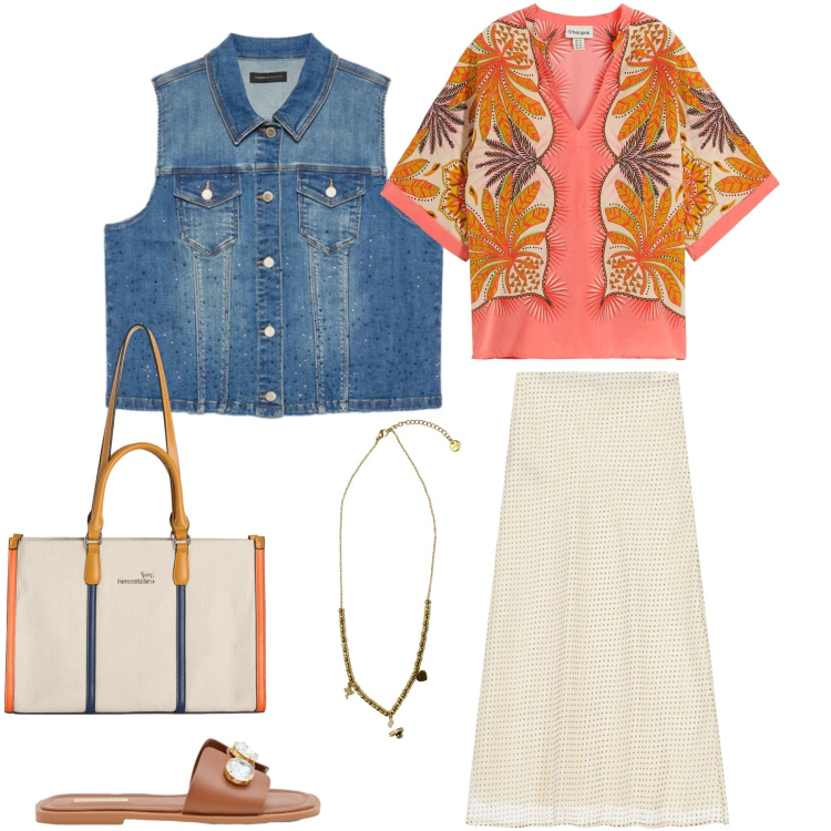 Outfit donna - Tropical Folk. Stile Urban per Tutti i giorni. Abbinamento con tuniche, gonne lunghe, sandali gioiello, gilet, borse tote, ciondoli.