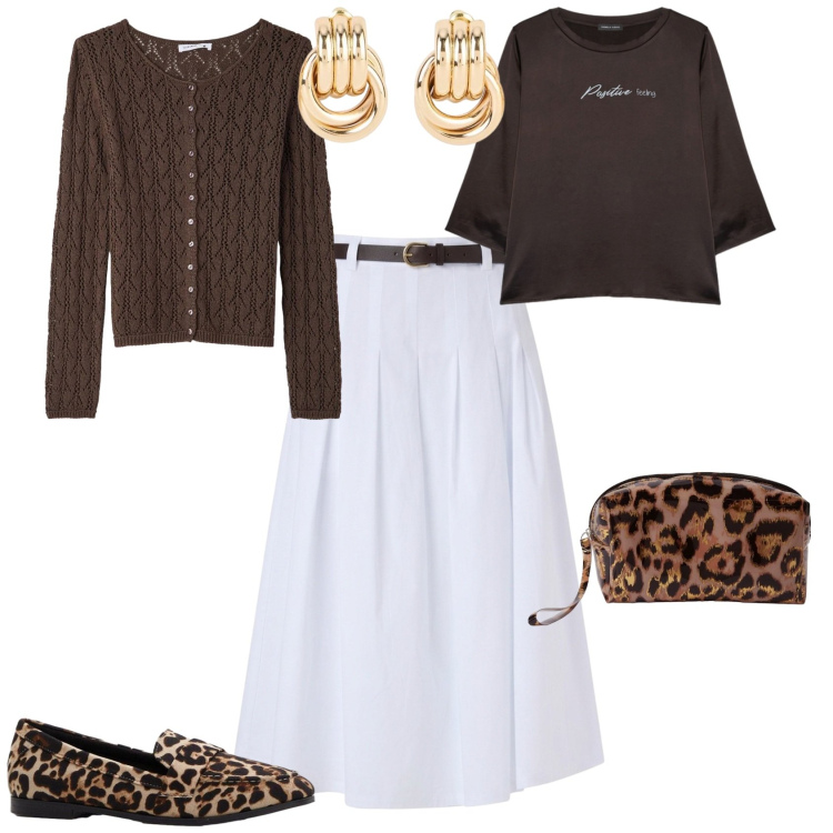 Outfit donna - Casual chic ufficio tempo libero. Stile Casual chic per Tutti i giorni. Abbinamento con mocassini, orecchini, gonne longuette, cardigans, pochette, bluse.