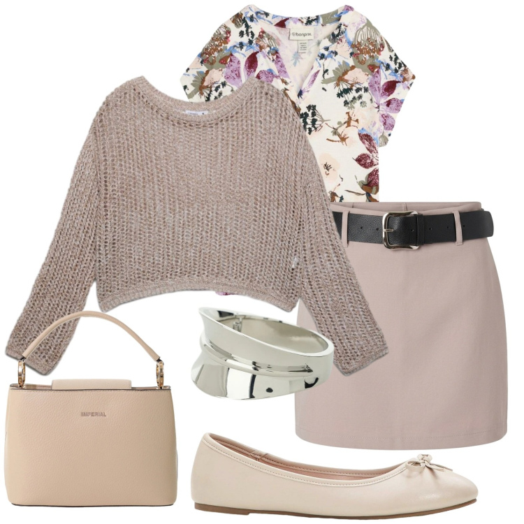 Outfit donna - Aprile stagione di esami. Stile Urban per Scuola/Università. Abbinamento con tuniche, ballerine, maglieria, minigonne, braccialetti, borse a secchiello.