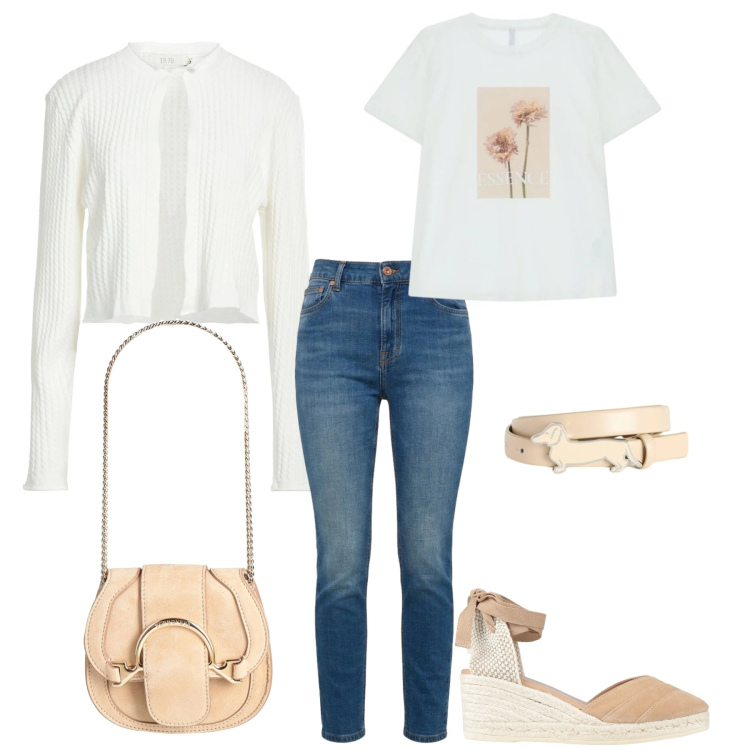 Outfit donna - Relax di primavera. Stile Casual per Tutti i giorni. Abbinamento con marsupi, espadrillas, cardigans, t-shirt, jeans, cinture.