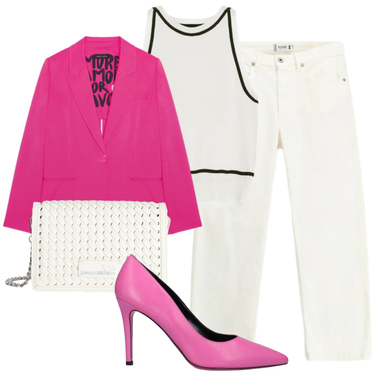 Outfit donna - Blazer fucsia. Stile Casual chic per Tutti i giorni. Abbinamento con décolleté, top, blazer, pantaloni, borse a tracolla.