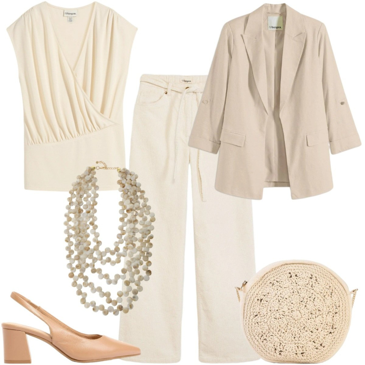 Outfit donna - Cerimonia informale-evento - curvy style. Stile Casual chic per Cerimonia. Abbinamento con maglieria, pantaloni, blazer, décolleté, borse a tracolla, collane.