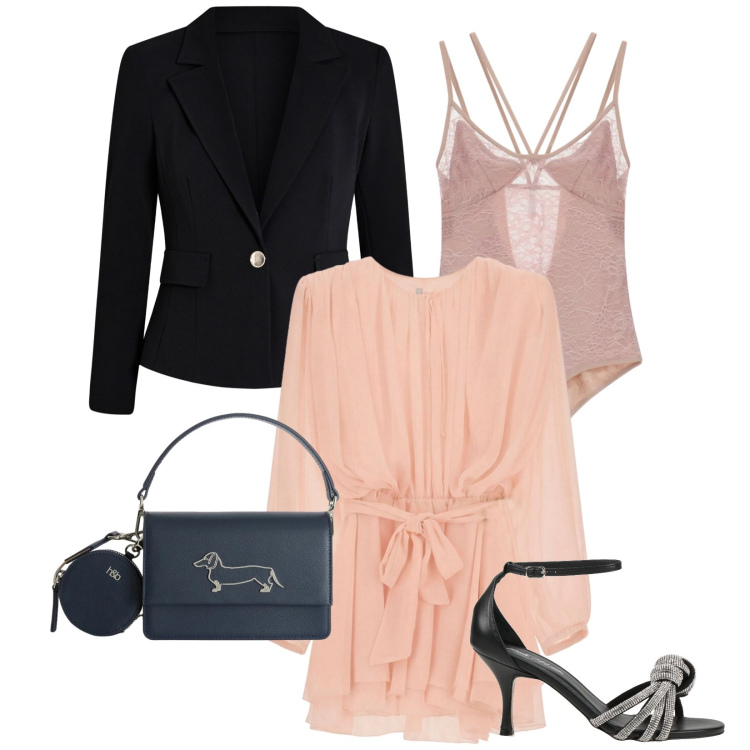 Outfit donna - Total look #2385154. Stile Romantica per Cerimonia. Abbinamento con sandali in pelle, borse a tracolla, body, vestiti corti, blazer.