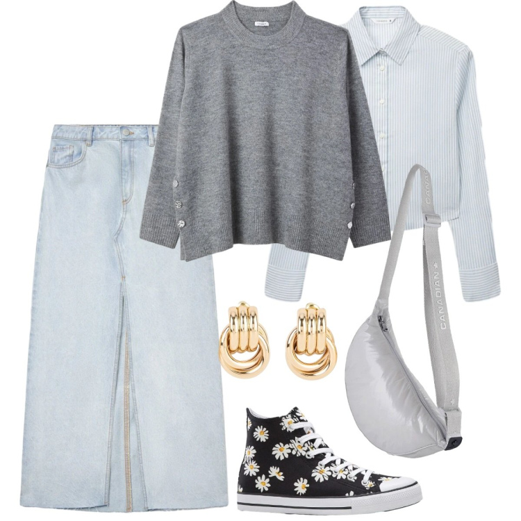 Outfit donna - Curvy-style. Stile Casual chic per Tutti i giorni. Abbinamento con orecchini, sneakers, maglieria, gonne lunghe, camicie, borse a tracolla.