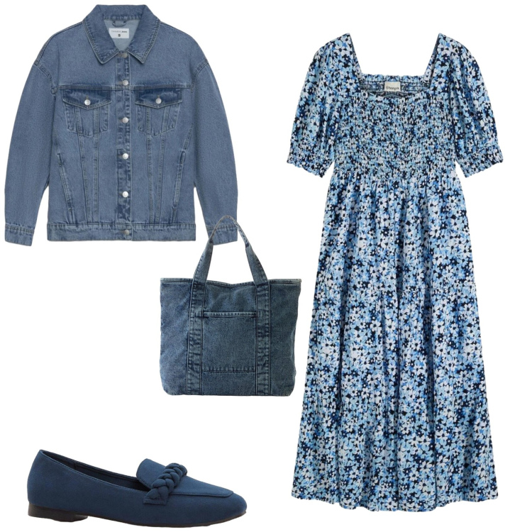 Outfit donna - Romantica ufficio tempo libero. Stile Romantica per Tutti i giorni. Abbinamento con vestiti midi/longuette, shopping bag, mocassini, cappotti.